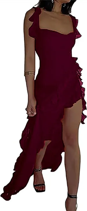Ecirod Womens Spaghetti Strap High Slit Bodycon Maxi Dress Square Neck Backless Party Club Dresses