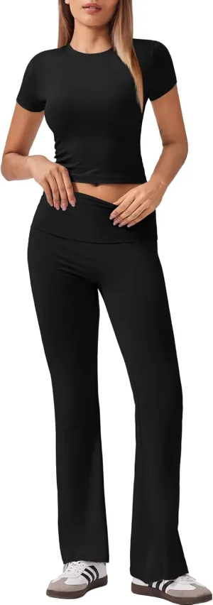 Ekouaer Women's Lounge Sets 2 Piece Outfits Short Sleeve Crops Fold-Over Flare Pants Loungewear Sweatsuit Skim Sets