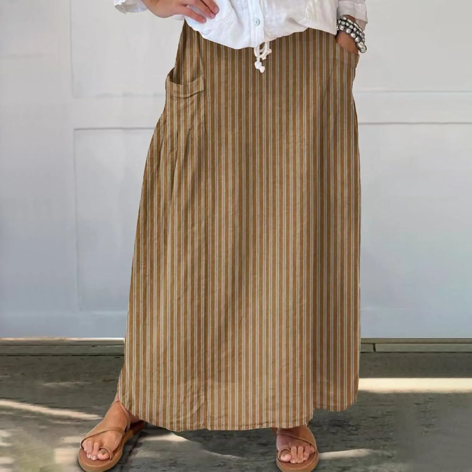 Elastic High Waist Flowy Maxi Skirts Women Boho Floral Summer Tiered Pleated A Line Long Skirt with Pockets Beach