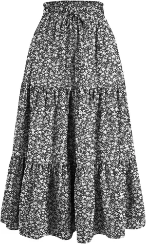 Elastic High Waist Flowy Maxi Skirts Women Boho Floral Tiered Pleated Summer Casual Long Beach Skirt