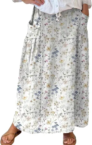 Elastic High Waist Flowy Maxi Skirts Women Boho Floral Tiered Pleated Summer Long Beach Casual Skirt