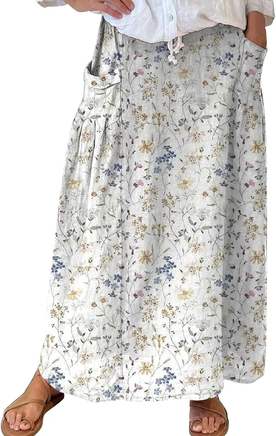 Elastic High Waist Flowy Maxi Skirts Women Boho Floral Tiered Pleated Summer Long Beach Casual Skirt
