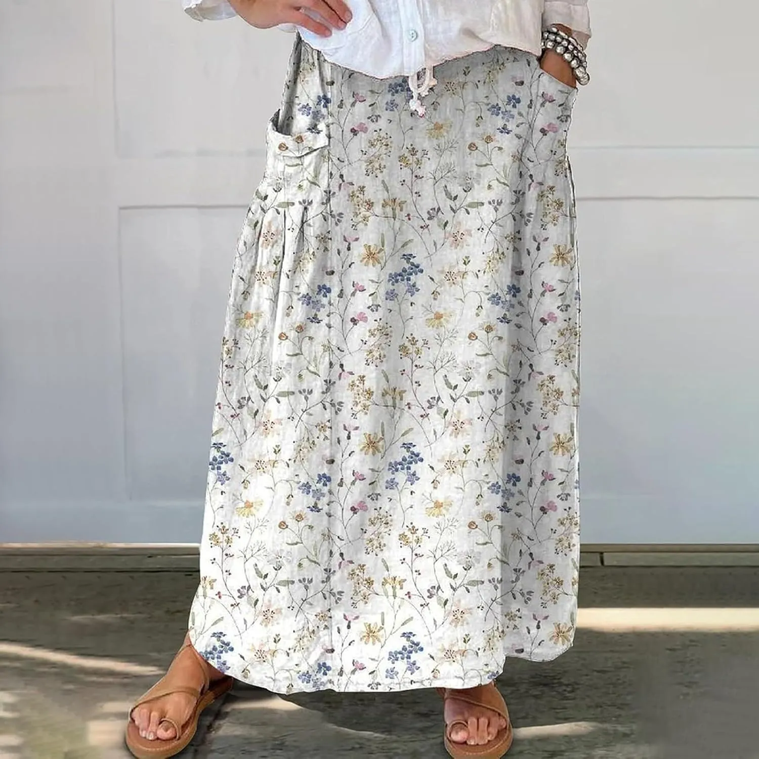 Elastic High Waist Flowy Maxi Skirts Women Boho Floral Tiered Pleated Summer Long Beach Casual Skirt