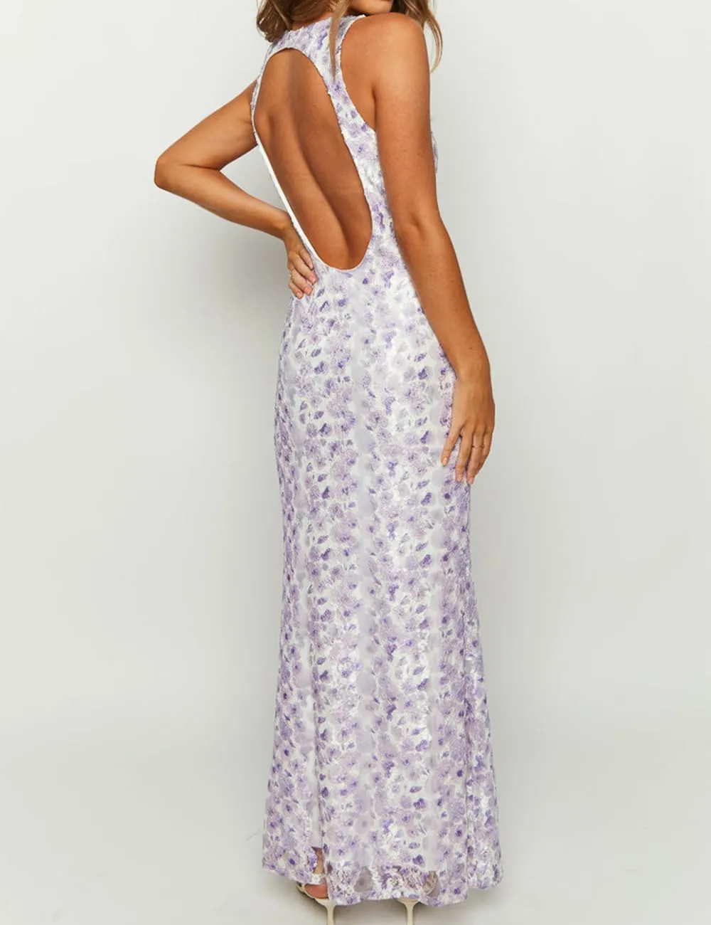 Elegant Lace Floral V Neck Backless Bodycon Dresses for Women Sexy Cut Out Low Back Sleeveless Maxi Dress Wedding Guest