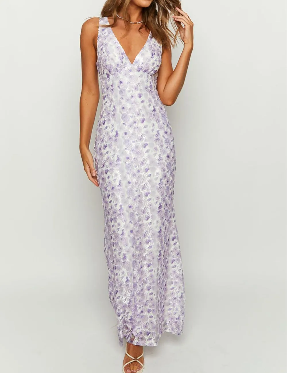 Elegant Lace Floral V Neck Backless Bodycon Dresses for Women Sexy Cut Out Low Back Sleeveless Maxi Dress Wedding Guest