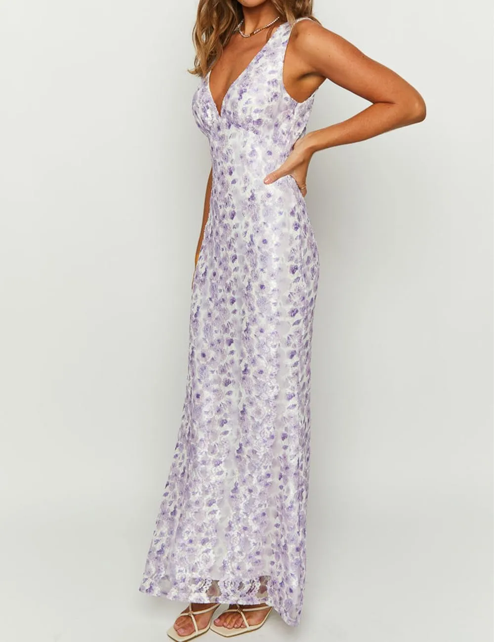 Elegant Lace Floral V Neck Backless Bodycon Dresses for Women Sexy Cut Out Low Back Sleeveless Maxi Dress Wedding Guest