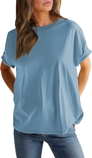 EVALESS Womens Fashion Summer Tops 2025 Crewneck Short Sleeve T Shirts