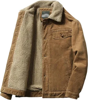 evzosrz Men's Corduroy Jacket Winter Sherpa Fleece Lined Trucker Shackets Jacket Lapel Button Down Vintage Warm Cowboy Coat