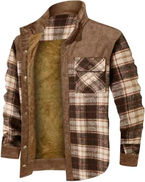 evzosrz Mens Corduroy Plaid Sherpa Lined Flannel Shirt Jacket Fleece Work Coat Casual Long Sleeve Winter Windbreaker Jackets