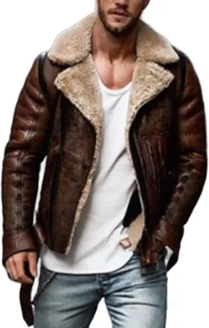 evzosrz Mens Faux Fur Leather Jacket Thermal Heavyweight Sherpa Fleece Lined Trench Coats Winter Outerwear Fashion Overcoat