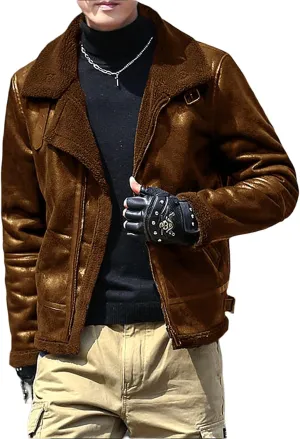 evzosrz Men's Shearling Fleece Lined Faux Leather Jacket Faux Suede Sherpa Coats Vintage Lapel Faux Fur Collar Warm Jackets