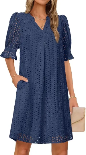 Eyelet Summer Dresses for Women,Hollow Out Cotton Mini Dress Lace Tiered Shift Dress A Line Dresses with Pockets