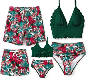 Family Matching Solid Scallop Trim Strappy Two-Piece Swimsuit and Allover Floral Print Swim Trunks Shorts