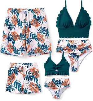 Family Matching Solid Scallop Trim Strappy Two-Piece Swimsuit and Allover Floral Print Swim Trunks Shorts