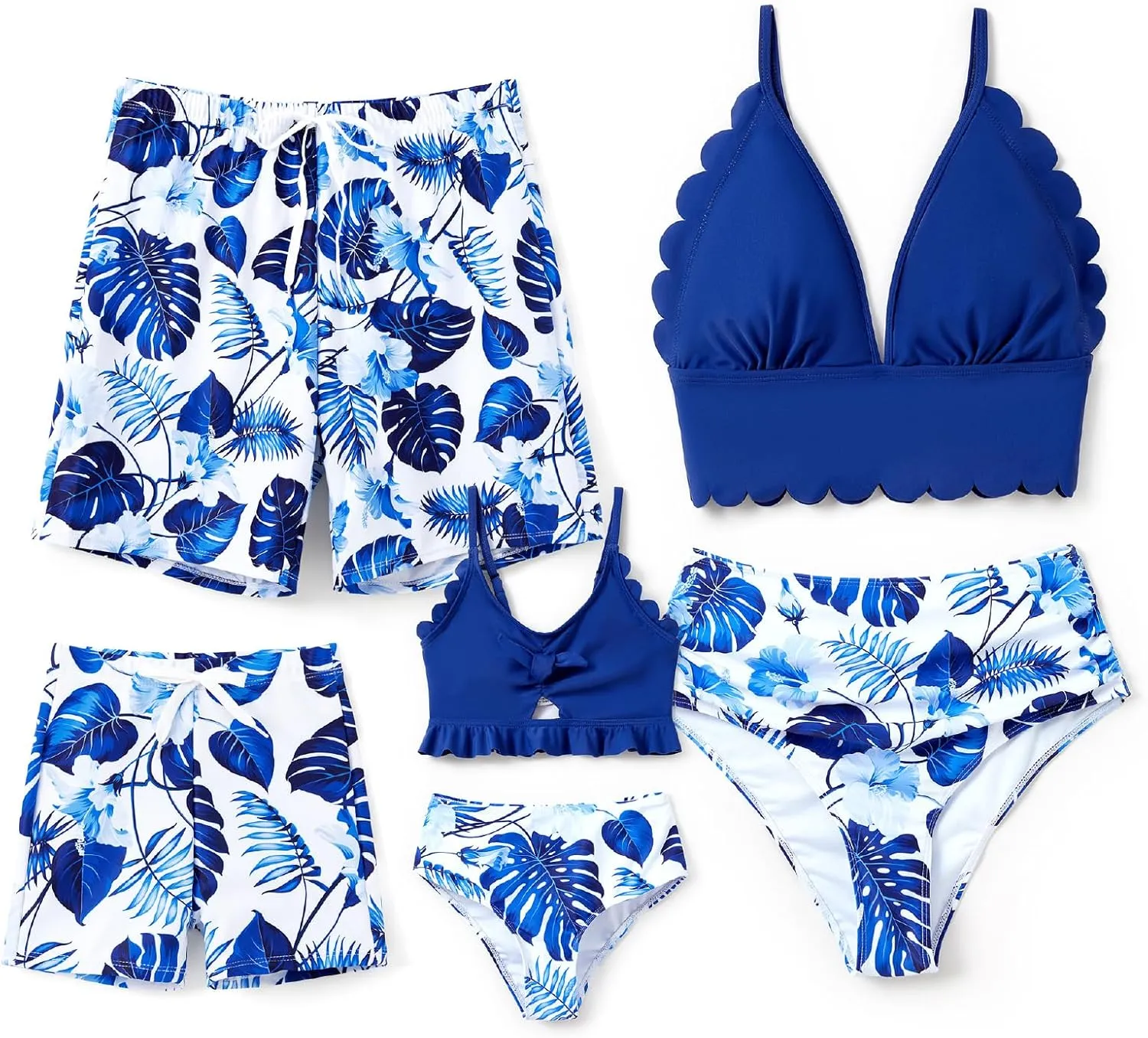 Family Matching Solid Scallop Trim Strappy Two-Piece Swimsuit and Allover Floral Print Swim Trunks Shorts