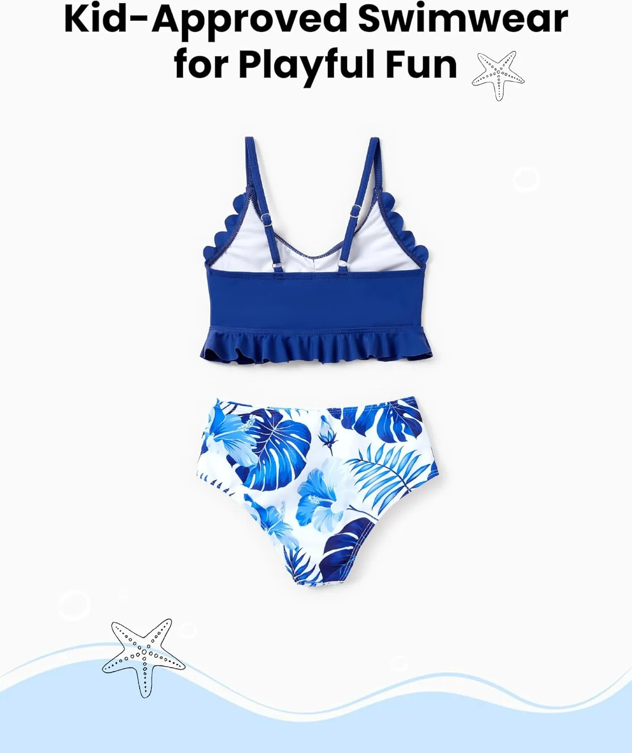 Family Matching Solid Scallop Trim Strappy Two-Piece Swimsuit and Allover Floral Print Swim Trunks Shorts