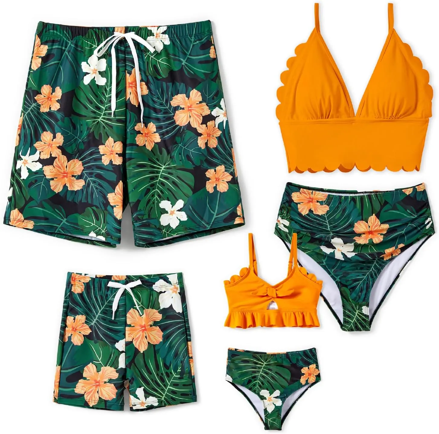 Family Matching Solid Scallop Trim Strappy Two-Piece Swimsuit and Allover Floral Print Swim Trunks Shorts