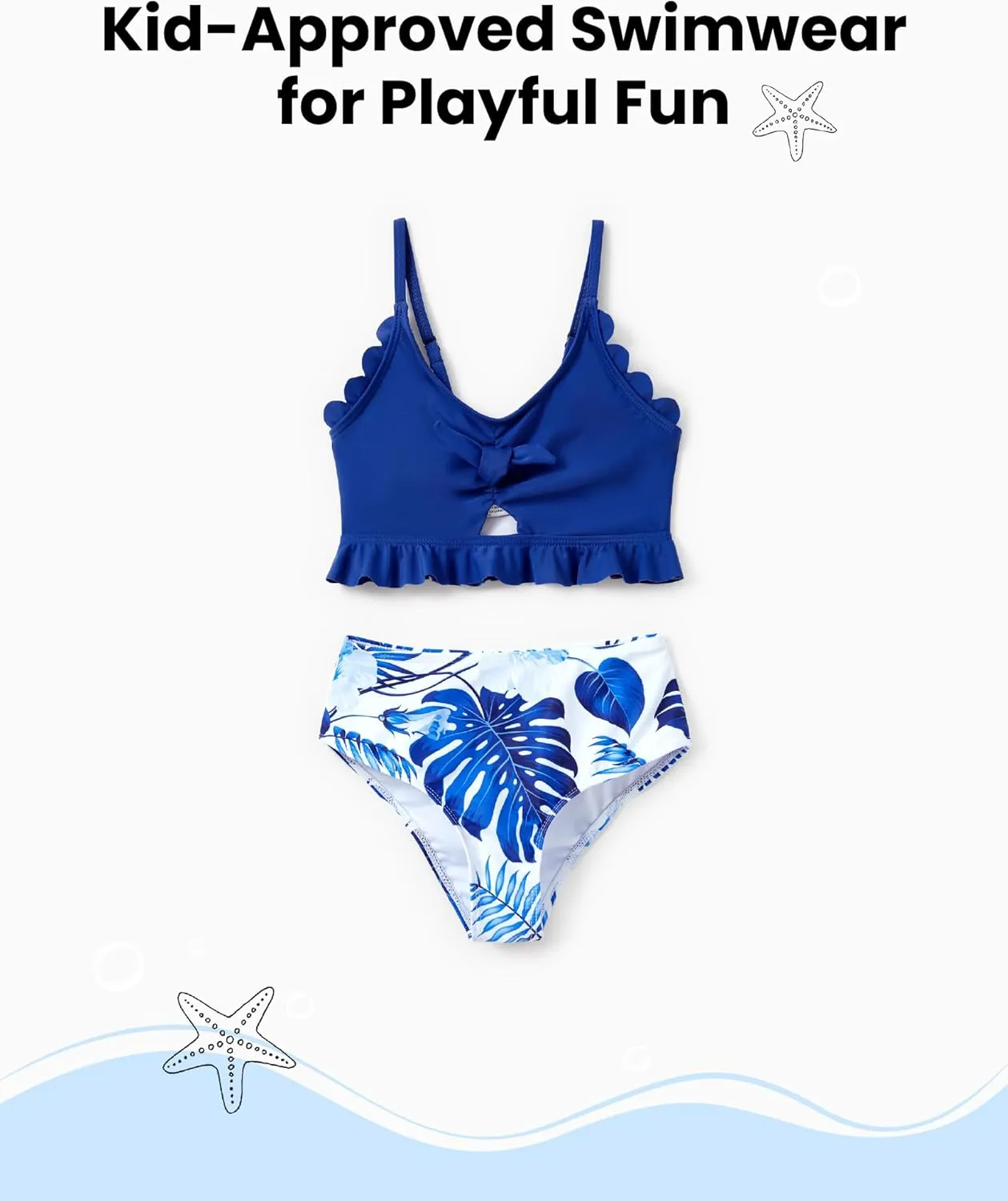 Family Matching Solid Scallop Trim Strappy Two-Piece Swimsuit and Allover Floral Print Swim Trunks Shorts