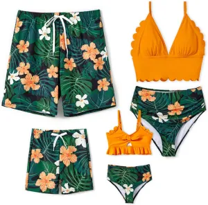 Family Matching Solid Scallop Trim Strappy Two-Piece Swimsuit and Allover Floral Print Swim Trunks Shorts