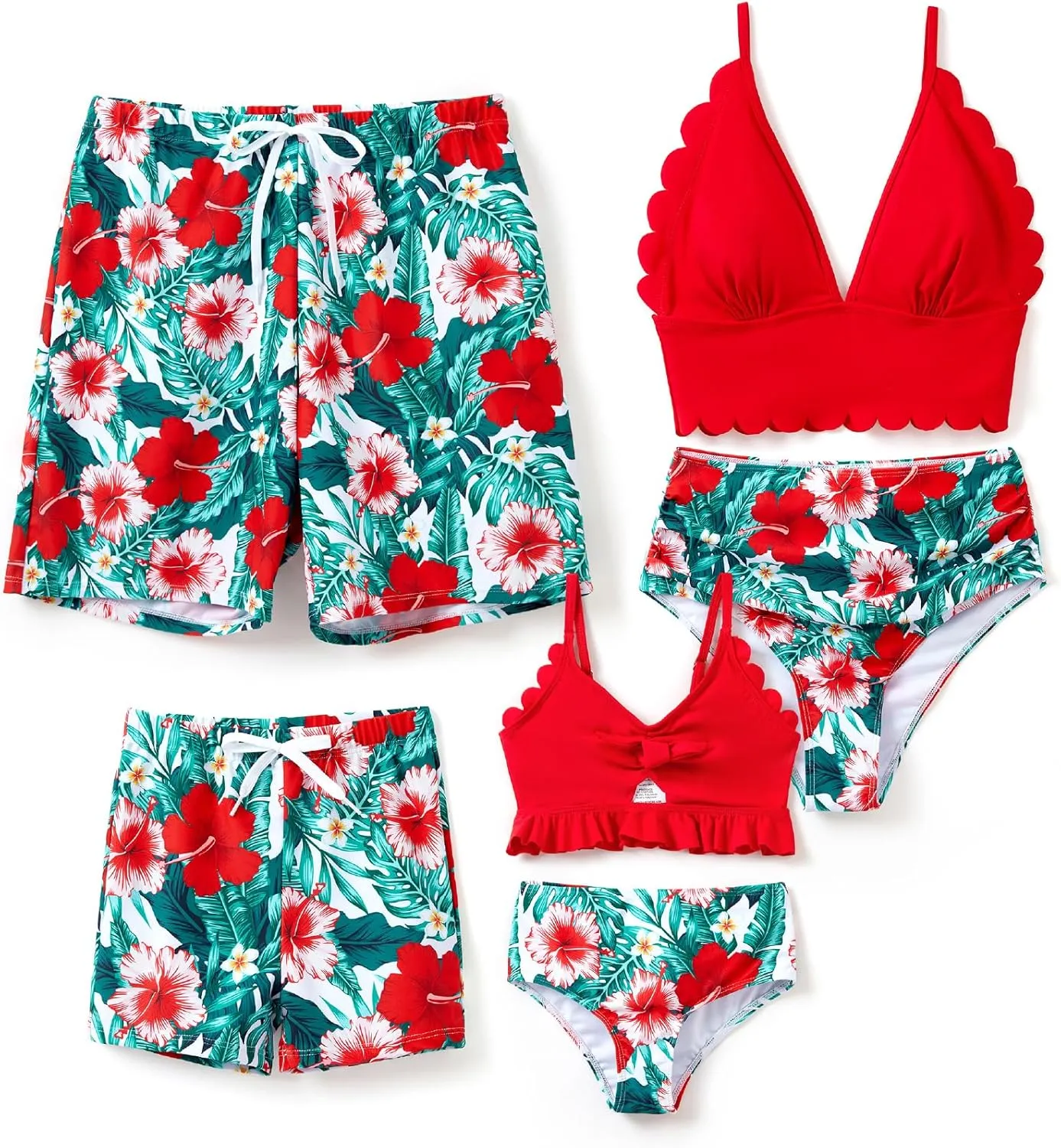 Family Matching Solid Scallop Trim Strappy Two-Piece Swimsuit and Allover Floral Print Swim Trunks Shorts