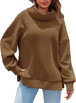 Fisoew Womens Turtleneck Oversized Sweatshirts Casual Long Sleeve Side Zip Warm Pullover Tops