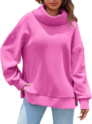 Fisoew Womens Turtleneck Oversized Sweatshirts Casual Long Sleeve Side Zip Warm Pullover Tops