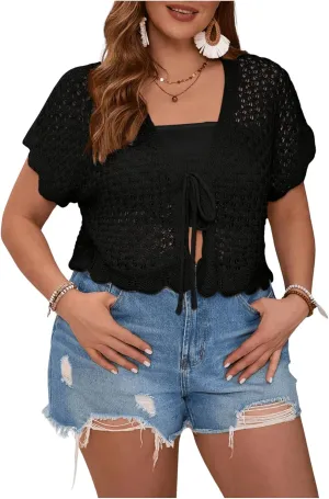Floerns Women's Plus Size Crochet Hollow Out Tie Front Scallop Trim Crop Cardigan Sweater