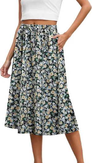 Floral Boho Skirts for Women with Pockets Summer Elastic Waisted A-Line Knee Length Beach Skirt