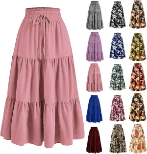 Floral Long Skirts for Women Summer Boho Elastic Waist Tiered Maxi Skirt Flowy A Line African Print Beach Skirt
