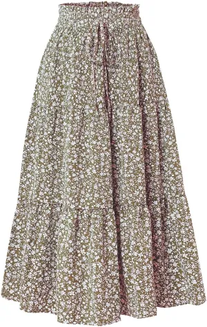 Floral Print Boho Maxi Skirt Women Elastic High Waist Tiered Pleated Flowy Long Summer Beach Skirt
