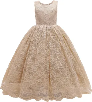 Glamulice Full Lace Flower Girls Dress Long A Line Bridesmaid Wedding Tulle Dresses Birthday Formal Party Ball Gown