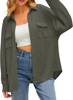 GOKKILRW Womens Button Down Long Sleeve Blouses 2024 Fall Waffle Lightweight Breathable Shackets Solid Casual Shirt Jackets