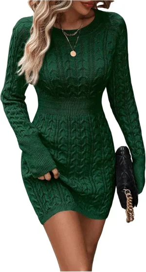 GORGLITTER Women's Cable Knit Sweater Dress Long Sleeve Knit Winter Dresses Crewneck Mini Pencil Dresses