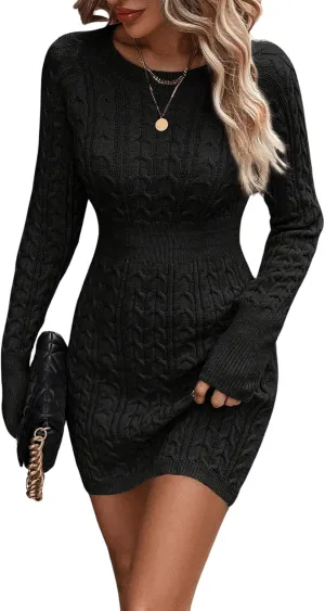 GORGLITTER Women's Cable Knit Sweater Dress Long Sleeve Knit Winter Dresses Crewneck Mini Pencil Dresses