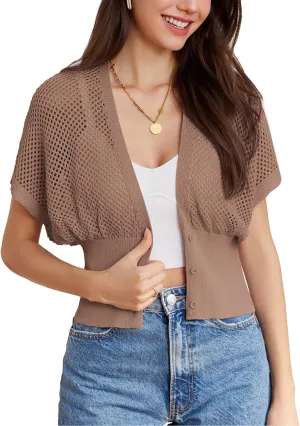 GRACE KARIN 2025 Women Short Sleeve Crochet Cardigan Summer Draped V-Neck Bolero Shrug Sweater Hollow Out Beach Cover Up