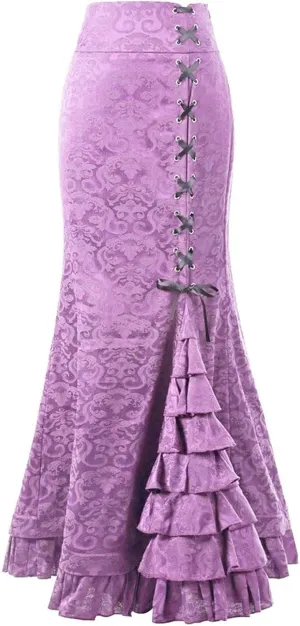 HGps8w Women's High Waisted Lace Mermaid Maxi Skirts Retro Lace-Up Drawstring Tiered Ruffle Maxi Long Pencil Skirt