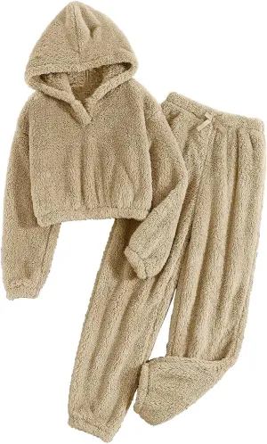 hlysgo Women's Fuzzy Lounge Casual Pajamas Sets Long Sleeve Fleece Hoodies and Pants Set 2 Piece Warm Loungewear Sleepwear