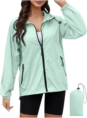 Hooded Rain Jacket for Women Lightweight Waterproof Windbreaker Jacket Packable Rain Coats with Pockets