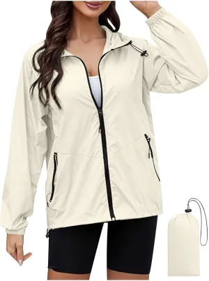 Hooded Rain Jacket for Women Lightweight Waterproof Windbreaker Jacket Packable Rain Coats with Pockets