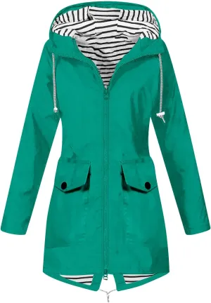 Hooded Raincoat for Women Long Rain Jacket Waterproof Full Zipper Windbreaker Anoraks Casual Ourdoor Trench Coat