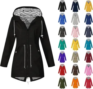 Hooded Raincoat for Women Long Rain Jacket Waterproof Full Zipper Windbreaker Anoraks Casual Ourdoor Trench Coat