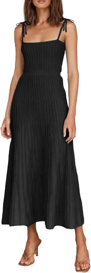 IDOPIP Women Square Neck Ribbed Knit Maxi Dress Casual Spaghetti Straps Dress Summer Elegant Knitted Striped Pleated Dress