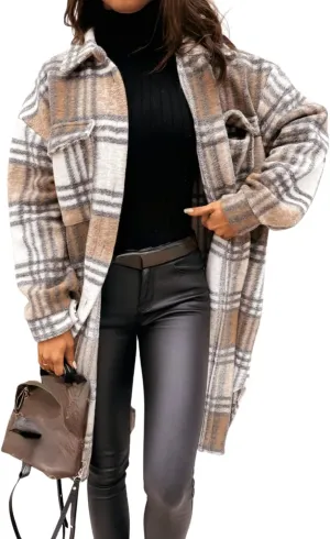 InterNos Women's Plaid Shacket Brushed Flannel Shirt Jacket Vintage Long Wool Blend Tartan Coat