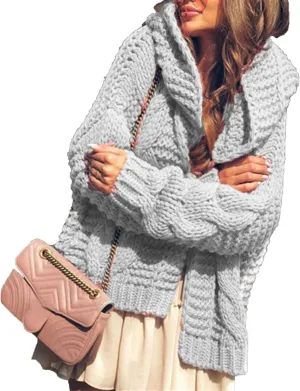 JEsilunmaMY Women's Cable Knit Sweater Coats Long Sleeve Hooded Open Front Cardigan Solid Color Soft Comfort Knit Sweaters
