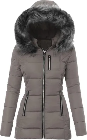 JEsilunmaMY Women's Slim Fur Hooded Puffer Jacket Warm Winter Coat Thicken Parka With Zip Pocket Insulated Padded Snow Jacket