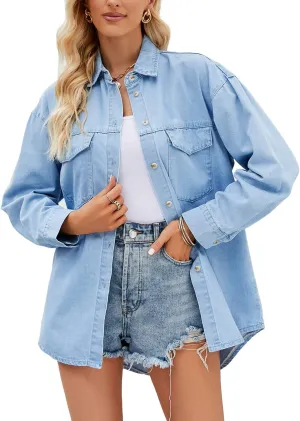Kedera Women Button Down Denim Shirts Casual Long Sleeve V Neck Chambray Jean Blouse Tops