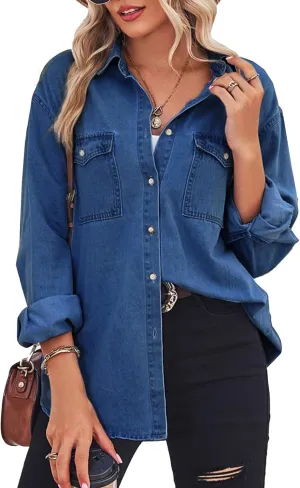 Kedera Women Button Down Denim Shirts Casual Long Sleeve V Neck Chambray Jean Blouse Tops