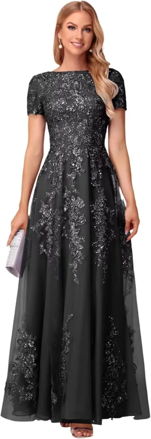 Lace Applique Mother of The Bride Dresses for Wedding Sequin Tulle Lace Crew Neck Formal Dresses