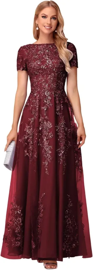 Lace Applique Mother of The Bride Dresses for Wedding Sequin Tulle Lace Crew Neck Formal Dresses
