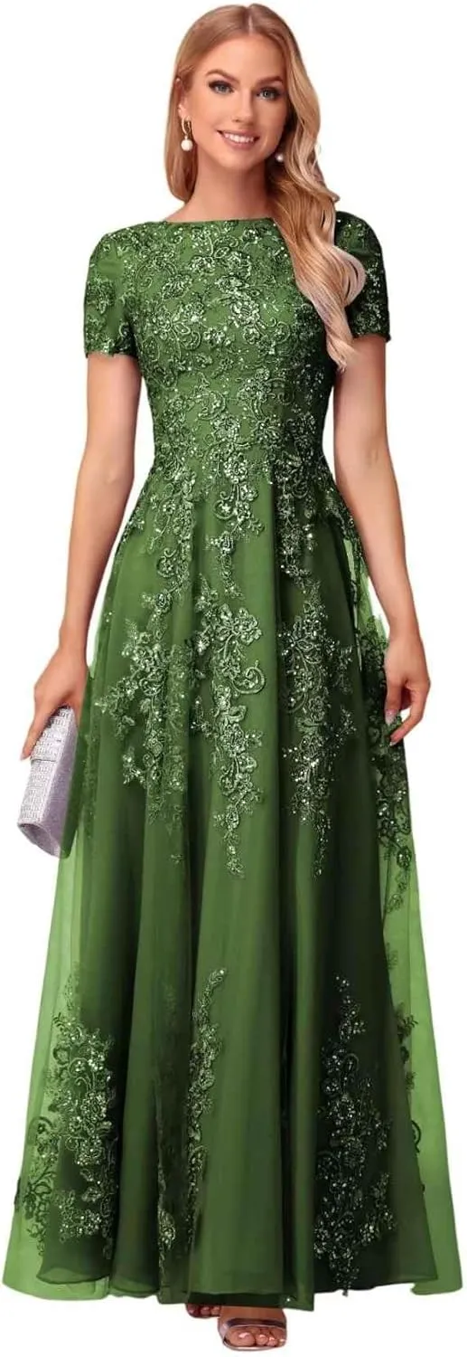 Lace Applique Mother of The Bride Dresses for Wedding Sequin Tulle Lace Crew Neck Formal Dresses